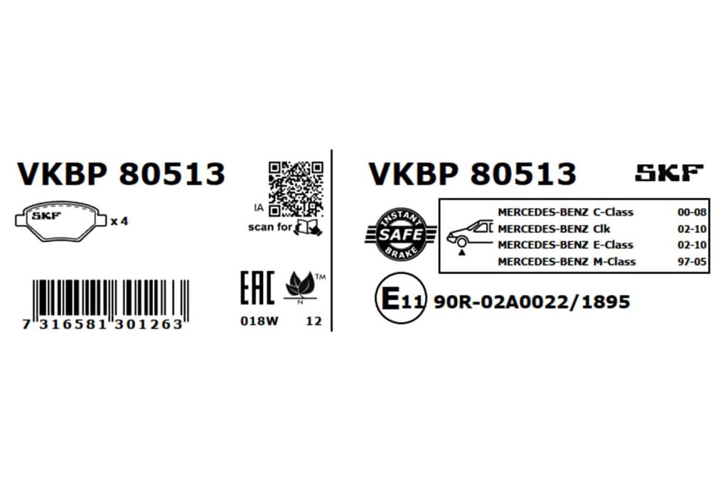 Jogo de 4 pastilhas de travão SKF ref. VKBP 80513